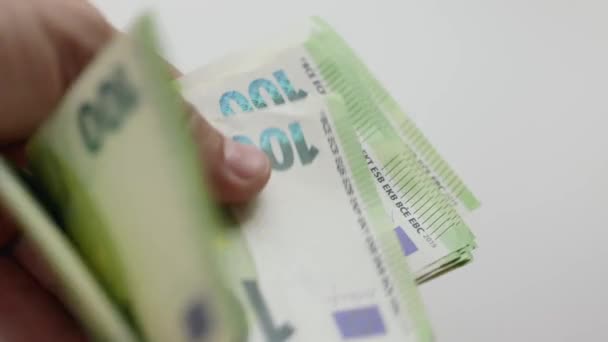 Macro Shot Hands Counting 100 Euros Banknotes Counting Cash Money — 비디오