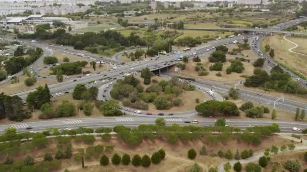Aerial View Road Junction Cloverleaf Interchange Mesmerizing Movement Cars Road — Vídeo de stock