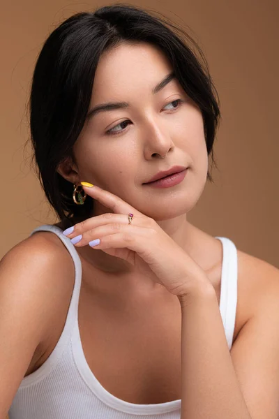 Young Asian Female White Top Dark Hair Looking Away Touching — ストック写真