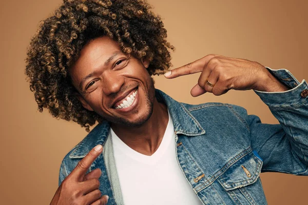 Cheerful Young African American Male Denim Jacket Curly Hair Looking — Foto de Stock