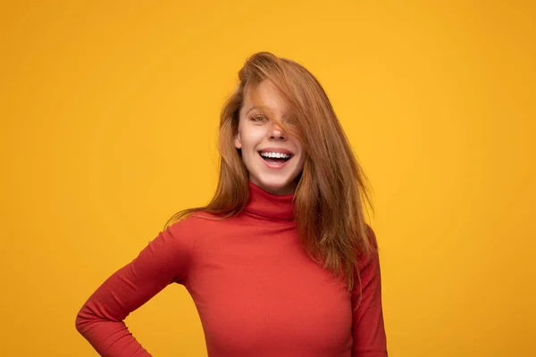 Happy Young Woman Red Turtleneck Long Ginger Hair Holding Hand — Stock Photo, Image