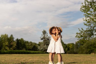 Beyaz elbiseli ikiz kız kardeşler ve hasır şapkalarla birbirlerini öperken çimenli çimlerin üzerinde parktaki bulutlu mavi gökyüzüne karşı duruyorlar.