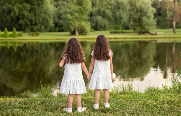 Visão Traseira Irmãs Gêmeas Irreconhecíveis Vestidos Brancos Semelhantes Com Brinquedo — Fotografia de Stock