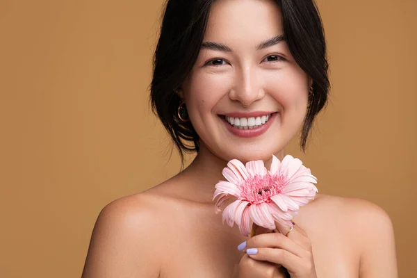 ピンクのガーベラの花を保持し 茶色の背景に笑顔でカメラを見て裸の肩を持つ陽気な若いアジアの女性 — ストック写真