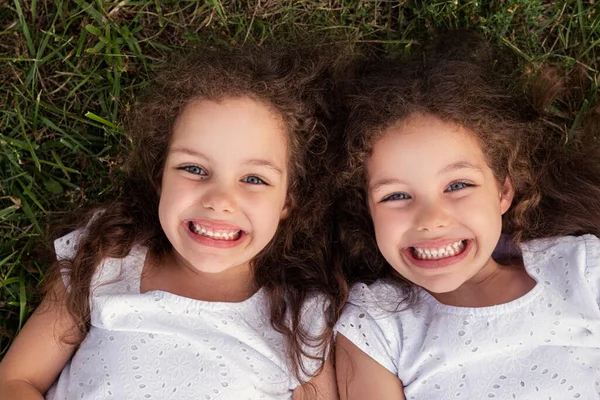 Visão Superior Irmãs Gêmeas Sorridentes Com Cabelo Encaracolado Deitado Prado — Fotografia de Stock