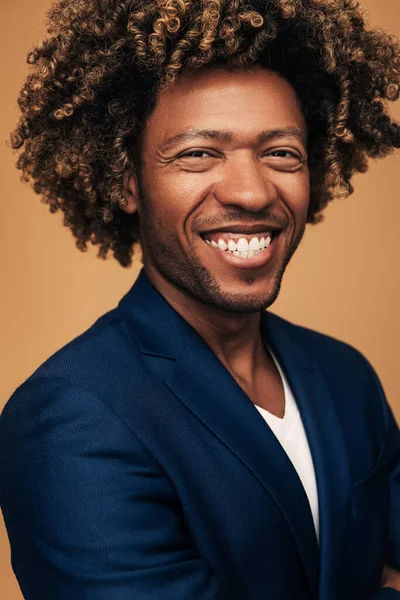 Cheerful African American Male Manager Smart Casual Clothes Curly Hair — Stock Photo, Image