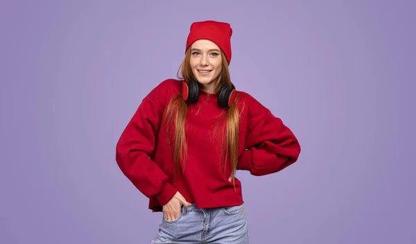 Confident Young Female Millennial Long Ginger Hair Red Sweatshirt Hat — Stock Photo, Image