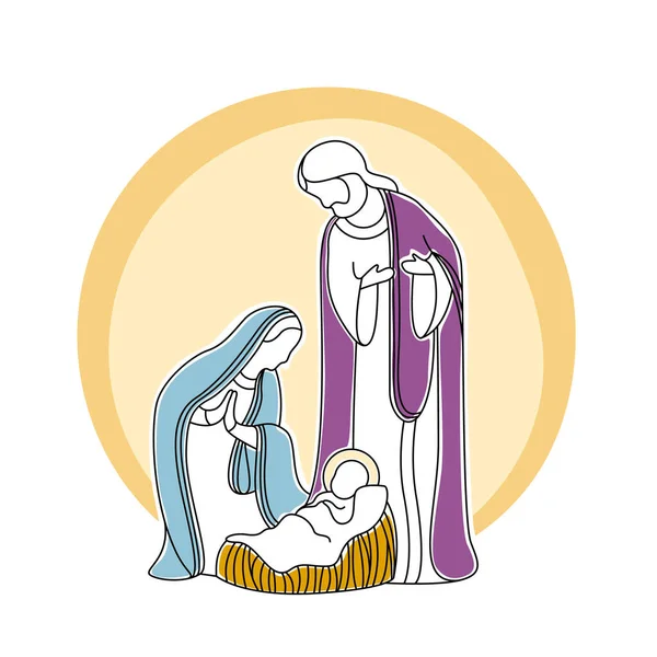 Dibujo Línea Abstracta Natividad Con Mary Joseph Pesebre Con Bebé — Vector de stock