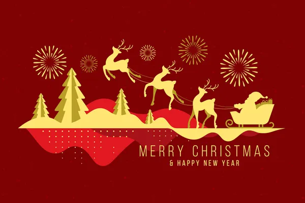 Merry Christmas Happent New Year Gold Santa Claus Rides Reindeer — стоковий вектор