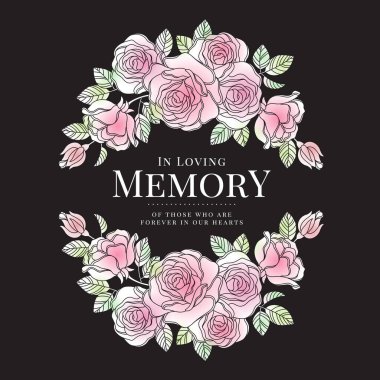Kalplerimizde sonsuza dek yaşayanların anısına yumuşak pembe ve yeşil gül çiçeğiyle siyah arkaplan vektör tasarımı çelengi.