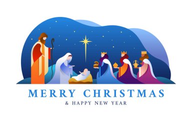 Merry christmas and happy new year banner - Nativity of Jesus scene, mary and joseph in a manger with baby Jesus and Three wise men in night time and star light vector design clipart