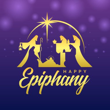 Mutlu Epifani - İsa 'nın altın doğumu sahnesi ve Mor Bokeh hafif arka plan tasarımı üzerinde yıldız ışığı altında üç bilge adam