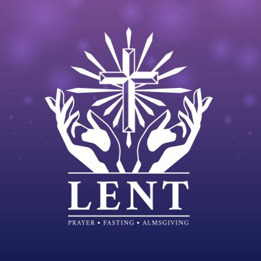 LENT, Namaz, oruç ve sadaka verme beyaz elli haç, çizgi ışığı açık mor ve mavi arkaplan vektör tasarımı üzerinde