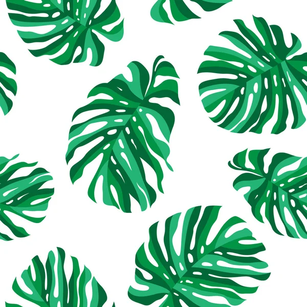 Tropical Verde Monstera Deja Fondo Blanco Sin Costuras Patrón Diseño — Vector de stock