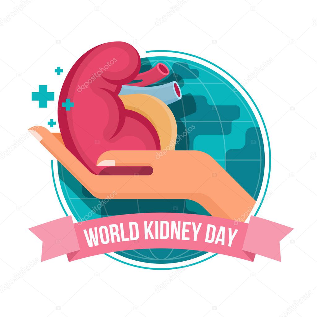 World kidney day banner - hand hold kidney sign and cross plus on circle world globe vector design