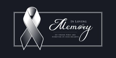 Kalplerimizde sonsuza dek yaşayanların anısına metin ve soyut çizgi siyah arkaplan vektör tasarımında çizgi çerçevesinde kurdele işareti çiziyor.