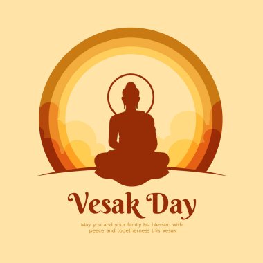 Mutlu Vesak Günü afişi - Kahverengi Buddha, sarı arkaplan vektör tasarımında gökyüzü ve daire tabaka şeklinde meditasyon yaptı