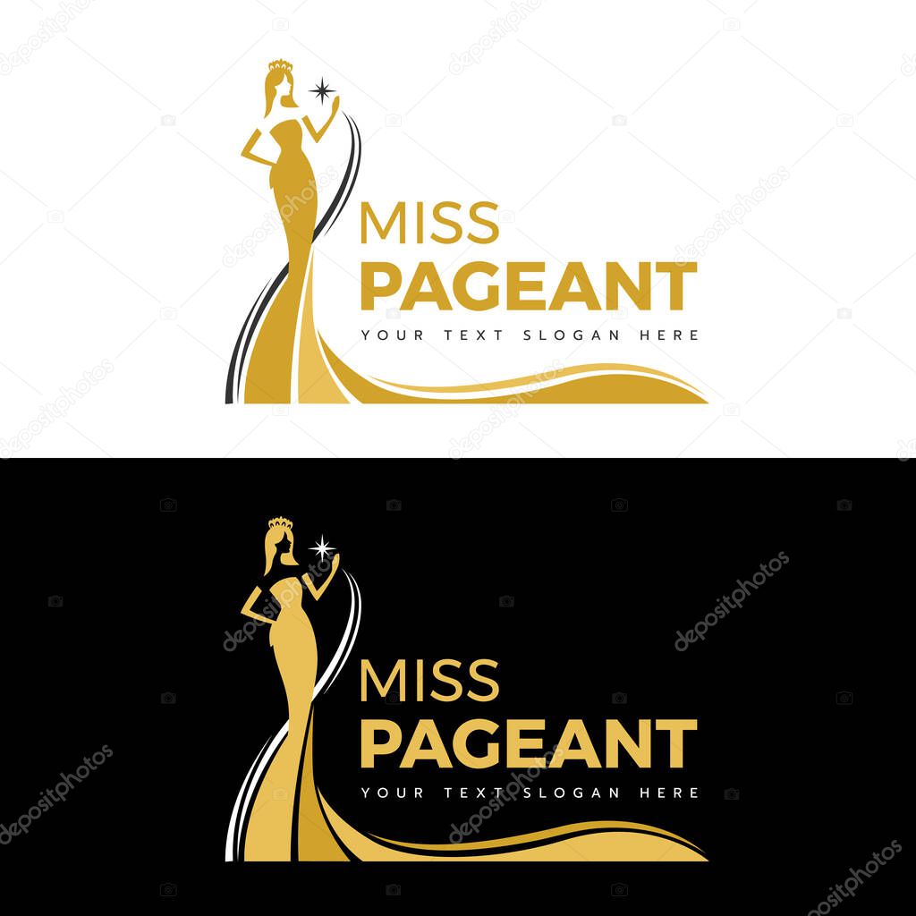 Miss pageant logo - yellow gold and Black The beauty queen pageant in long evening gown wearing a crown and hand hold star vector design