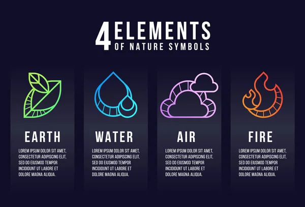 Elemente Ale Simbolurilor Naturii Pământ Apă Aer Foc Linie Modren — Vector de stoc