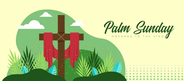 Пальмовий Сонячний День Дерев Яний Хрест Червоною Тканиною Підлозі Листям — стоковий вектор
