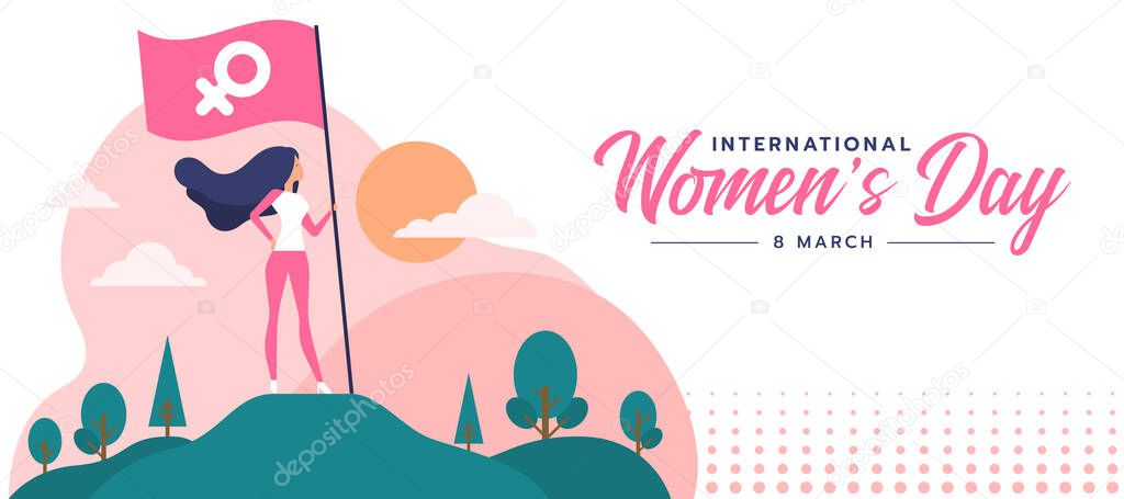 international women's day - woman holding a female symbol flag standing on a mountain vector design