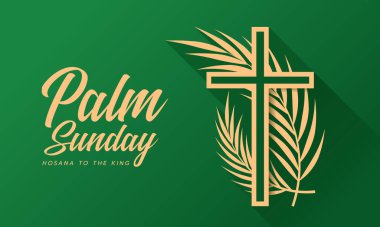 Palm Sunday - Hosana 'dan King Gold Haç işaretine yeşil arka plan vektör tasarımında plam yapraklı