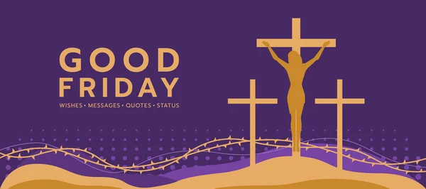 好星期五 抽象山上的十字架上的金 耶稣基督十字架和紫色背景矢量图案上的线刺 — 图库矢量图片