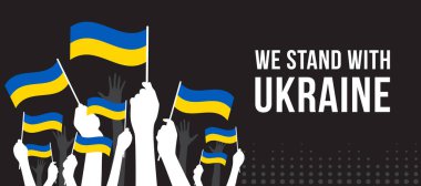 Ukrayna beyazı ellerle duruyoruz Ukrayna ulusu bayrağını siyah arkaplan vektör tasarımında tutuyoruz