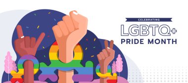 LGBTQ + gurur ayını kutluyoruz - Eller mor arka plan vektör dizaynında geniş gökkuşağı işareti ve gökkuşağı kadın işareti ve havai fişek kağıdı takıyor