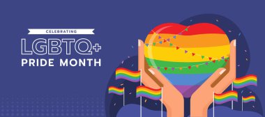LGBTQ + gurur ayını kutluyoruz - eller dikkat gökkuşağı kalp işaretini parti bayrağı ve gurur bayrağıyla çaprazlar koyu mor arka plan vektör tasarımında