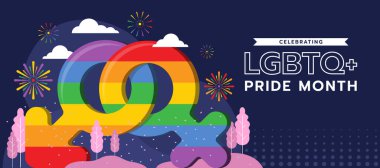 LGBTQ + gurur ayı _ - Büyük gökkuşağı erkek işaret çapraz gökkuşağı kadın işareti ve koyu mor arka plan vektör tasarımı etrafında havai fişek