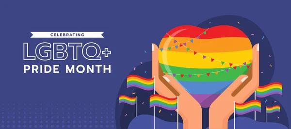 Celebrando Lgbtq Mês Orgulho Mãos Segurar Cuidado Arco Íris Coração —  Vetores de Stock