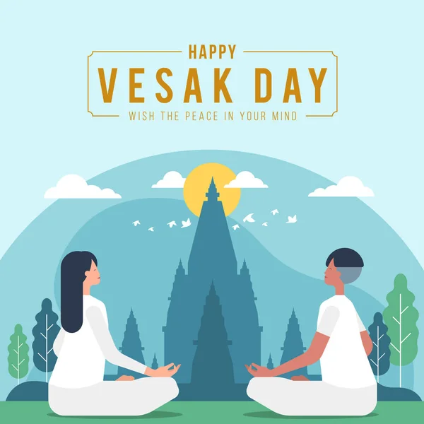 Happy Vesak Day Buddha Purnima Buddhist Man Woman White Meditate — Stock Vector