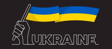 soyut çizgi el ele tutuşması Ukrayna bayrağı ve siyah arkaplan vektör tasarımı üzerine UKRAINE metni