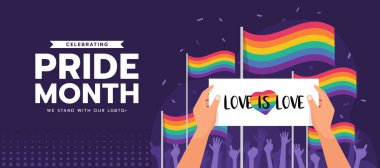 Gurur Ayı 'nı kutlarken, LGBTQ' muzun yanında duruyoruz - eller bir sancak taşıyor aşk el kaldırma ve gökkuşağı gurur bayrağı arasında mor arkaplan vektör tasarımında aşk metni