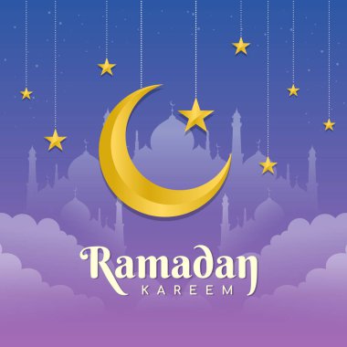 Ramazan Kareem - Altın Ay ve Yıldız Ramazan camiye asılı mor arkaplan vektör tasarımı