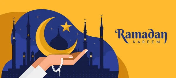 Ramadan Kareem Προσευχή Ανθρώπινα Χέρια Κρατήσει Χάντρα Και Φεγγάρι Αστέρι — Διανυσματικό Αρχείο