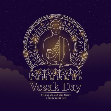 Vesak Günü - altın çizgi Lord Buddha lotus üzerinde meditasyon yaptı ve gece gökyüzü arka plan vektör tasarımında lotus etrafında daire çizdi