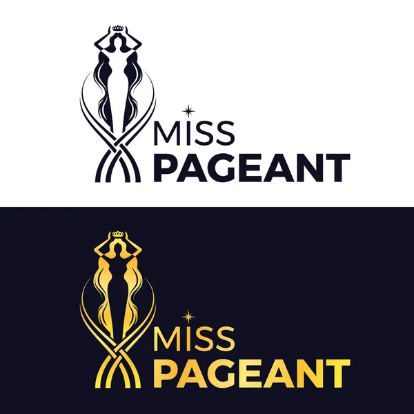 Miss Pageant Logo Black Gold Beauty Queen Pageant Long Hair — Stockvector