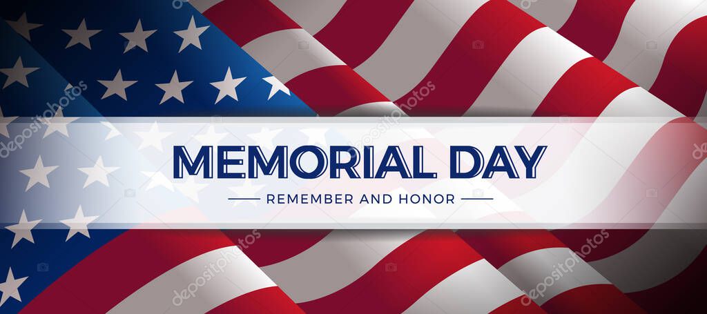 Memorial day usa remember and honor text on white tab banner on waving American Flag texture background vector design