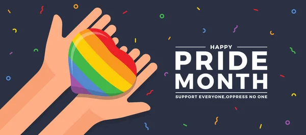 Happy Pride Month Top View Hands Hold Rainbow Pride Haert — стоковый вектор
