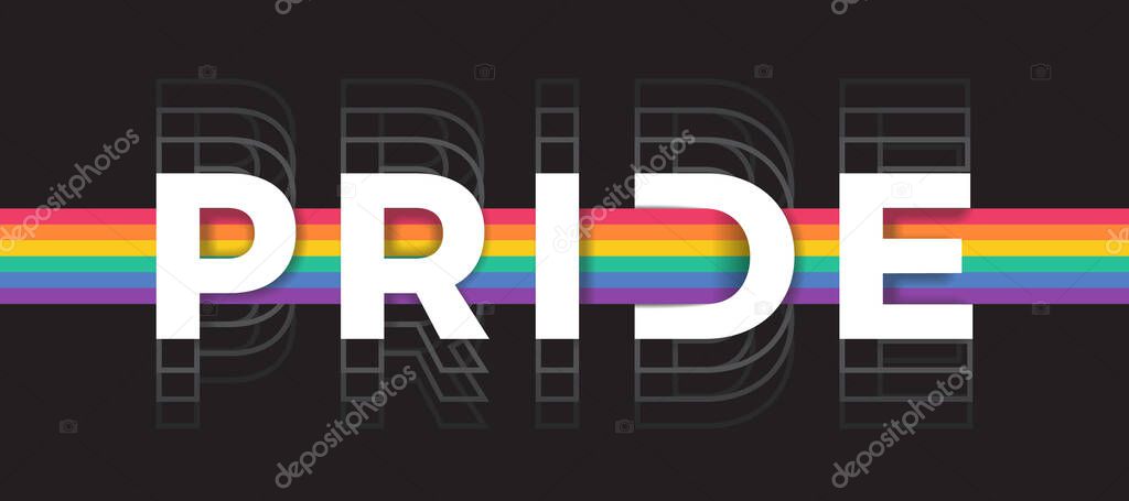 Pride text with horizontal rainbow pride flags cross over on black background vector design