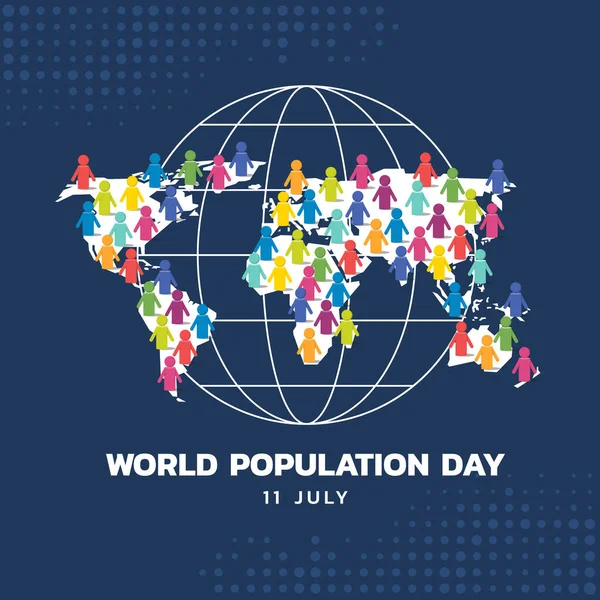 Światowy Dzień Ludności Kolorowa Grupa Ludzi Podpisuje Się Mapie Świata — Wektor stockowy
