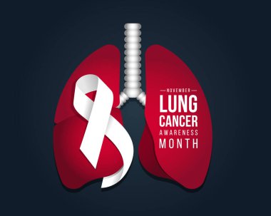 November Lung kanseri farkındalık ayı metin ve kırmızı akciğerin etrafındaki beyaz kurdele koyu mavi arka plan vektör tasarımı