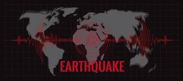 Erdbebenkonzept Mit Text Und Roter Kurvenwelle Und Kreisschwingung Auf Dunkler — Stockvektor