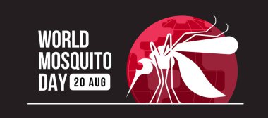 Dünya sivrisinek günü - kırmızı dünya üzerinde beyaz sivrisinek işareti ve siyah arkaplan vektör tasarımı üzerinde çizgi