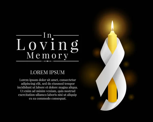 Loving Memory Text Candle Light White Ribbon Roll Black Background — Vettoriale Stock