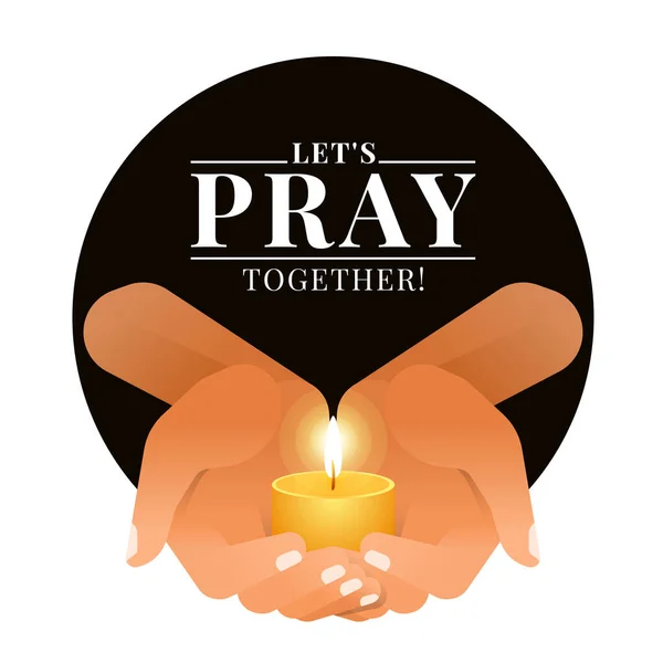 Let Pray Together Text Hands Holding Candle Light Black Circle — Stock Vector