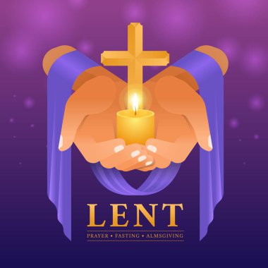 Lent, prayer fasting and almsgiving - hands with purple cloth hold gold cross crucifix sign and candle light on purple and blue background vector design