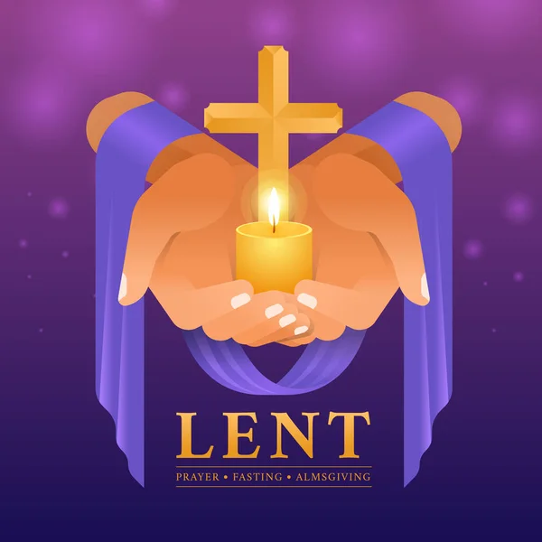 Lent Prayer Fasting Almsgiving Hands Purple Cloth Hold Gold Cross — Stockvektor